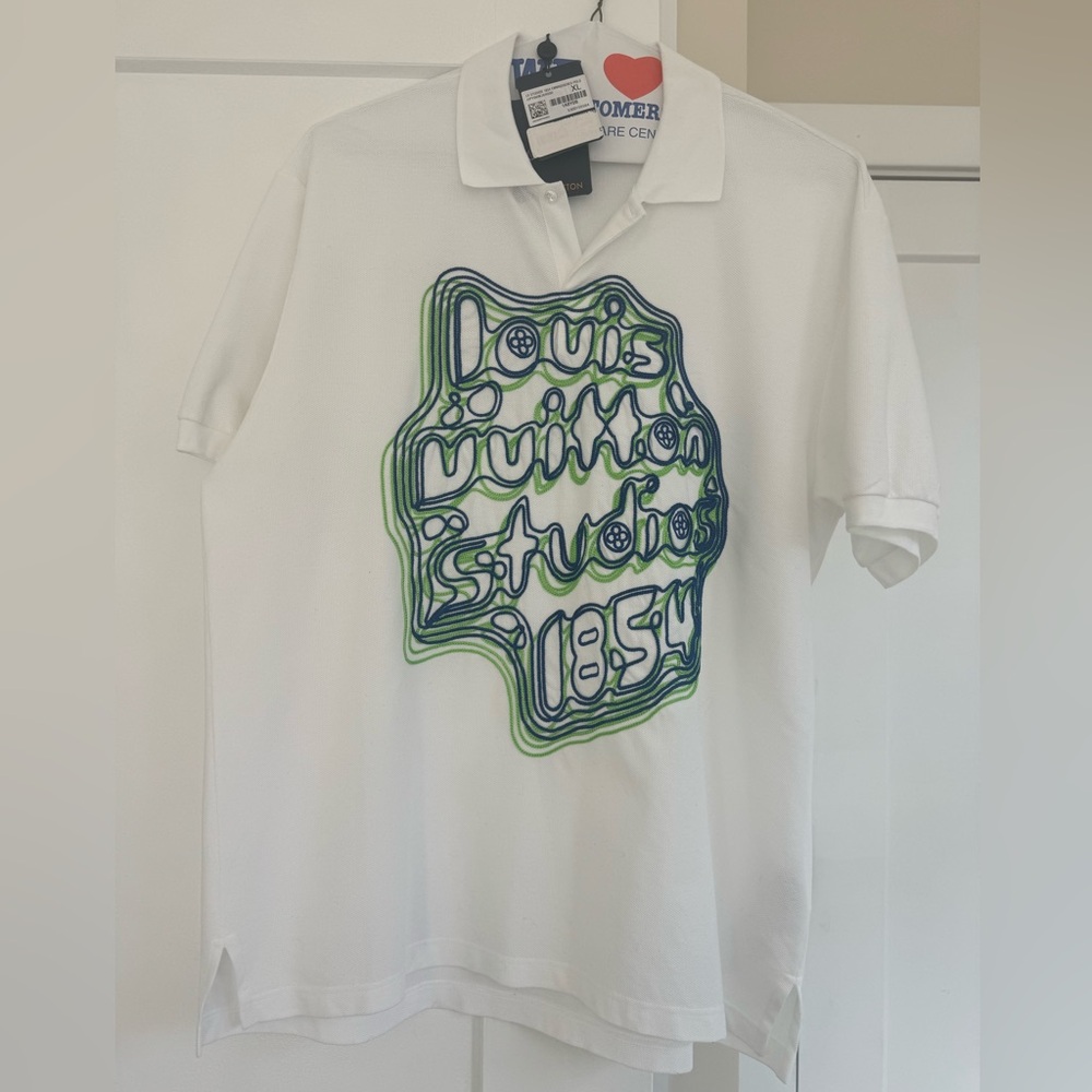 Louis Vuitton studios embroidered White Polo Shirt with Blue and Green Graphic